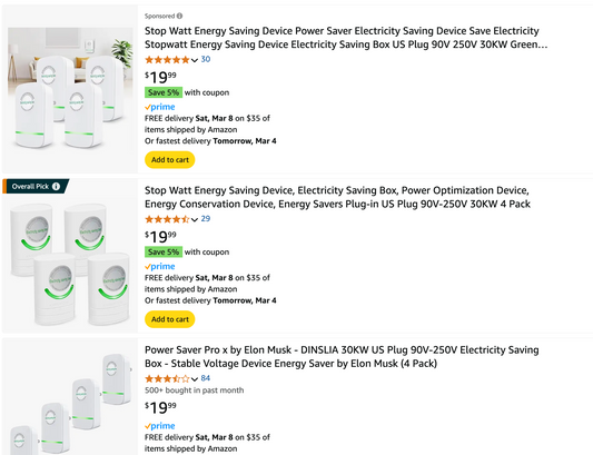 Amazon Selling Power-Saver Scam Devices