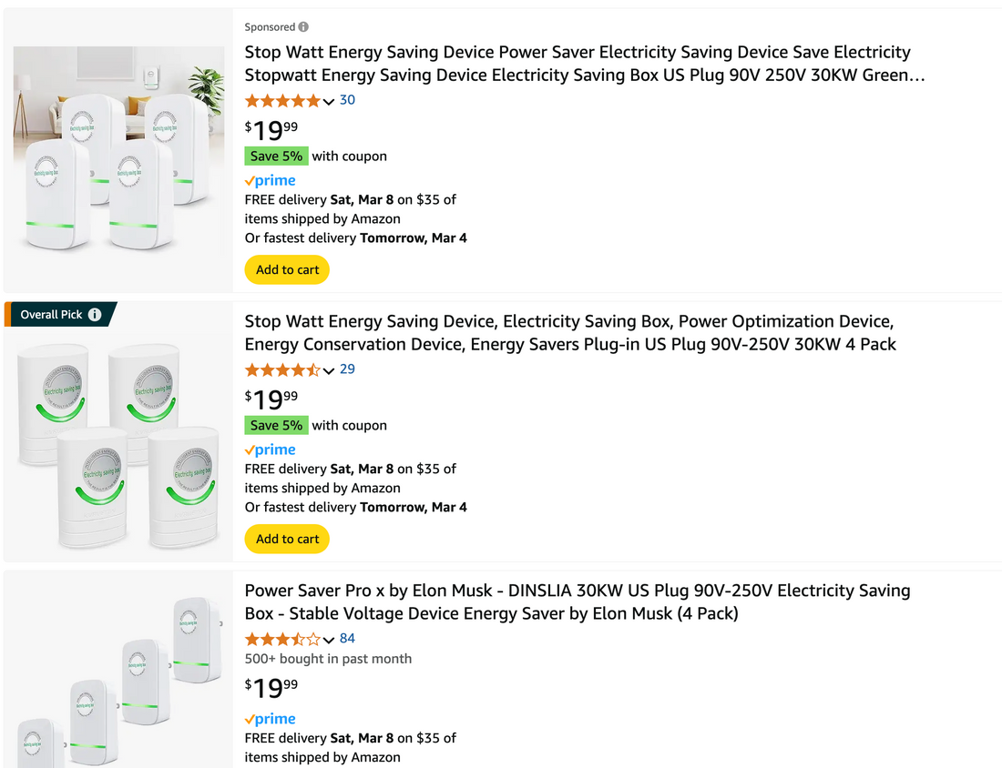 Amazon Selling Power-Saver Scam Devices
